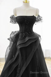A-Line Black Off Shoulder Tulle With Lace Party Dress, Black Tulle Prom Dress